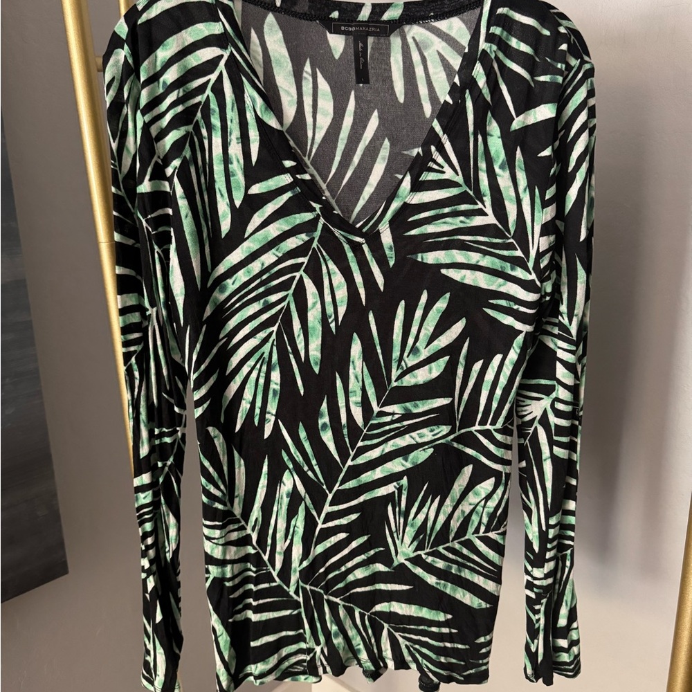 Green and Black Leaf Print Women's Top